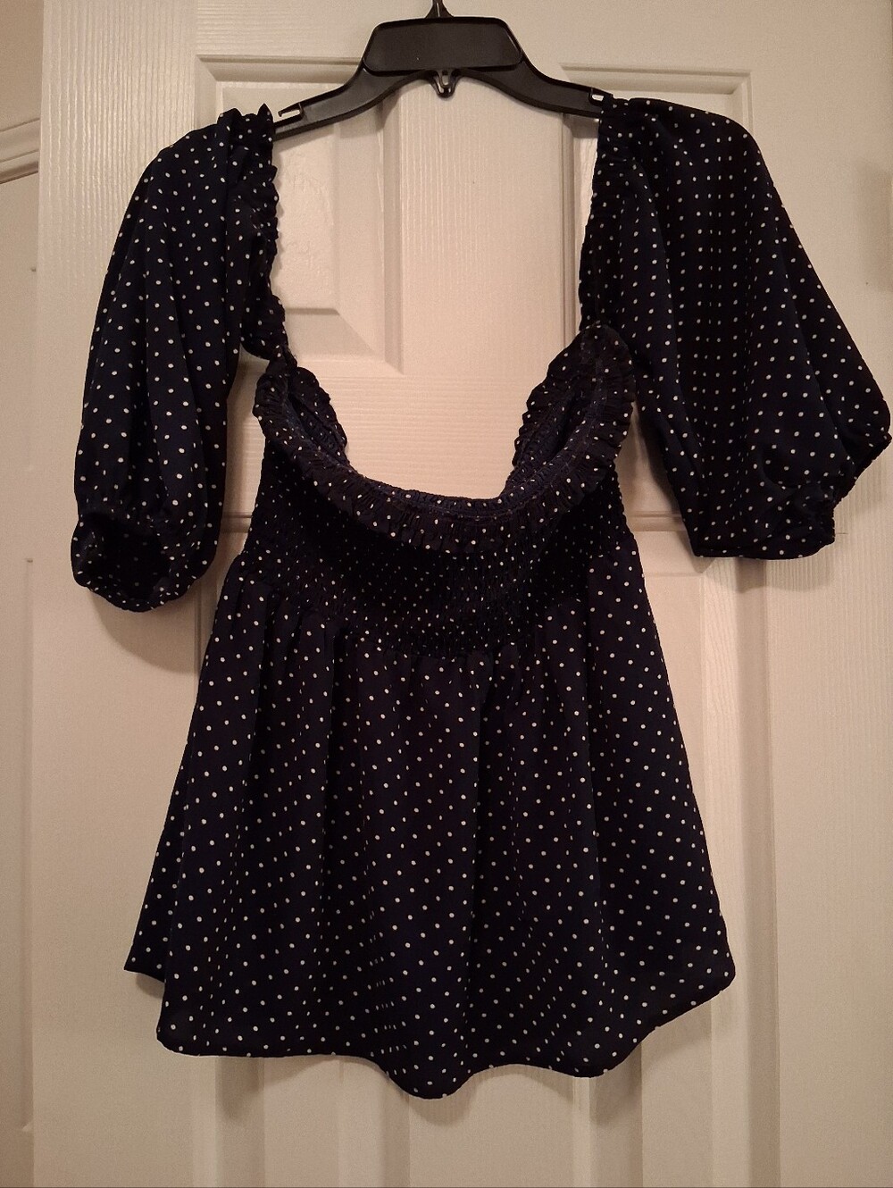 Lily White Navy Polka Dot Puff Sleeve Smocked Top